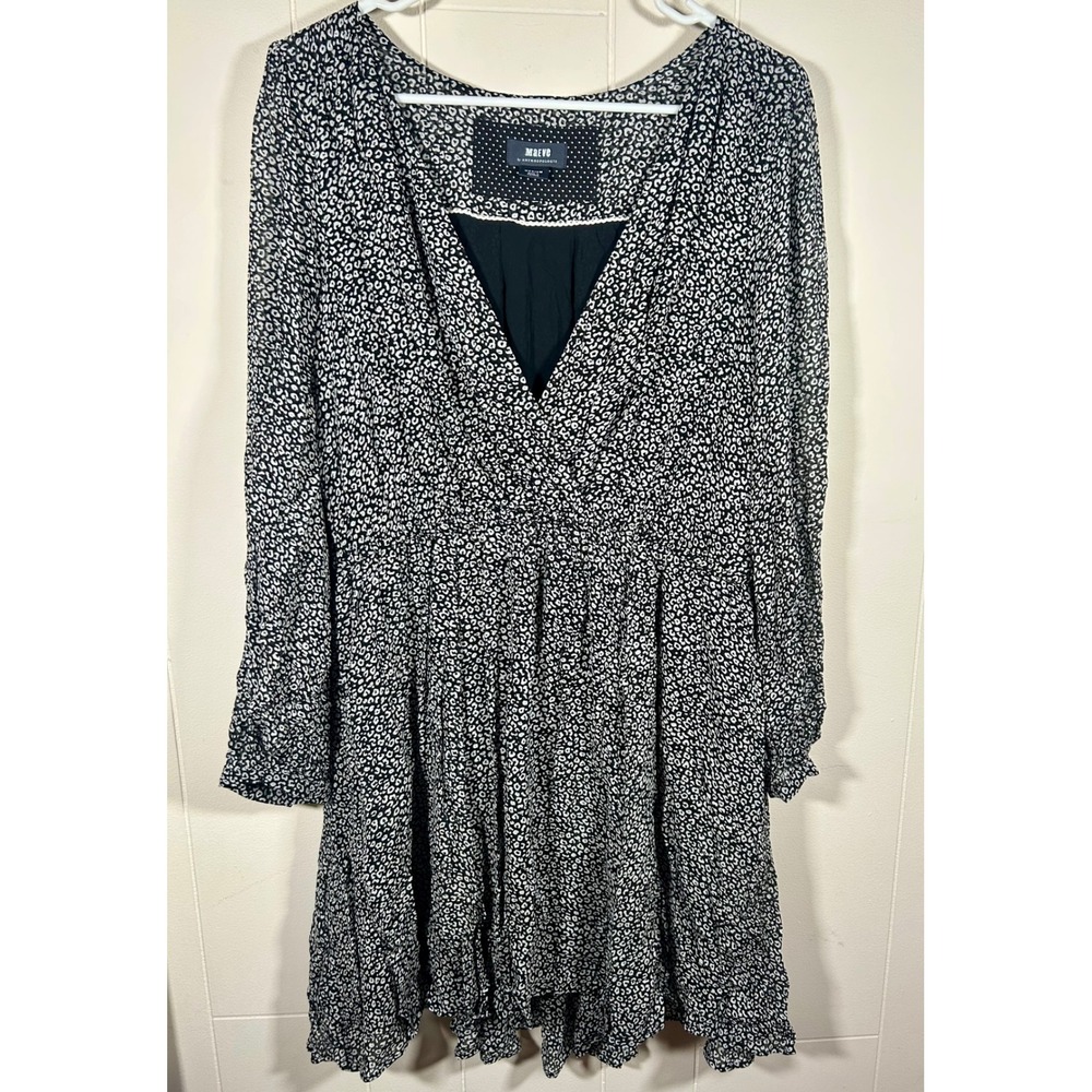 Maeve Anthropologie Black White Leopard Print V-Neck Long Sleeve Mini Dress M